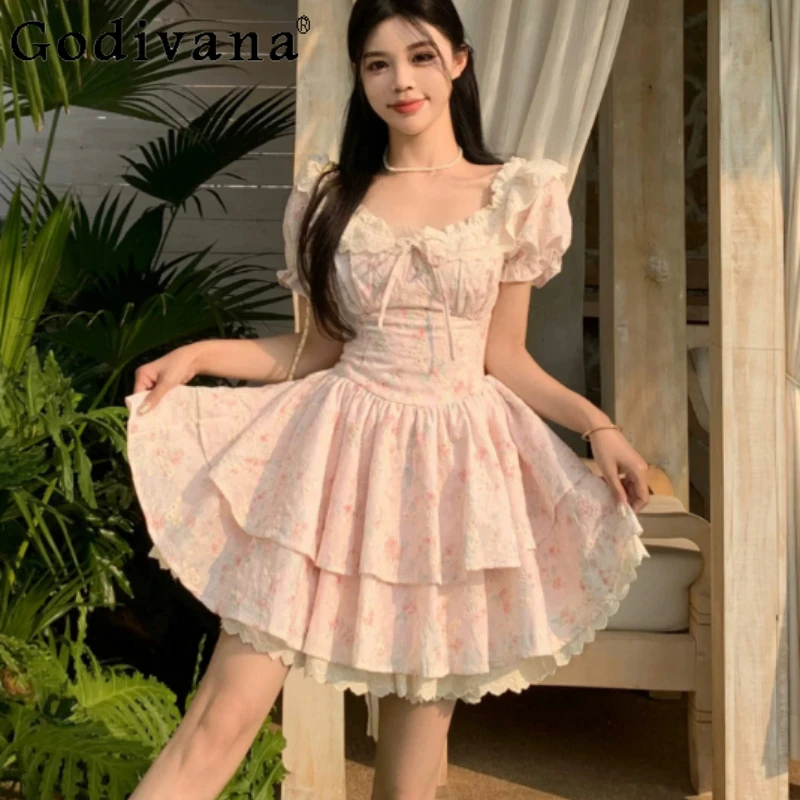

Large Size Summer Short Puff Sleeve Pink Floral Princess Dress Female Sweet High Waist A-line Gentle Big Swing Fairy Dresses