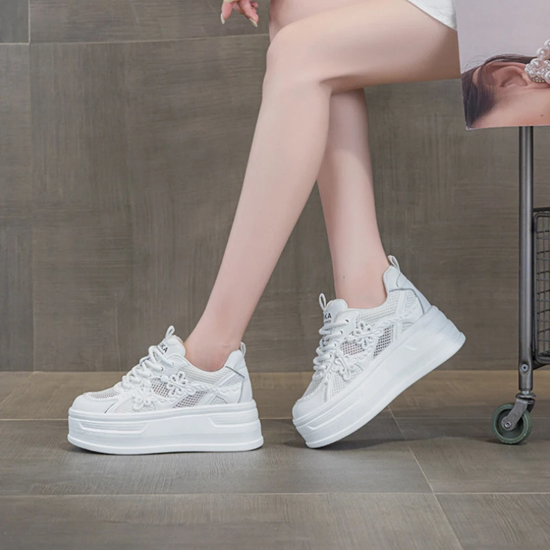 Womens White Mesh Platform Sneakers Breathable Thick Sole Casual Shoes With Flower Embroidery Lightweight Non Slip For Summer Da