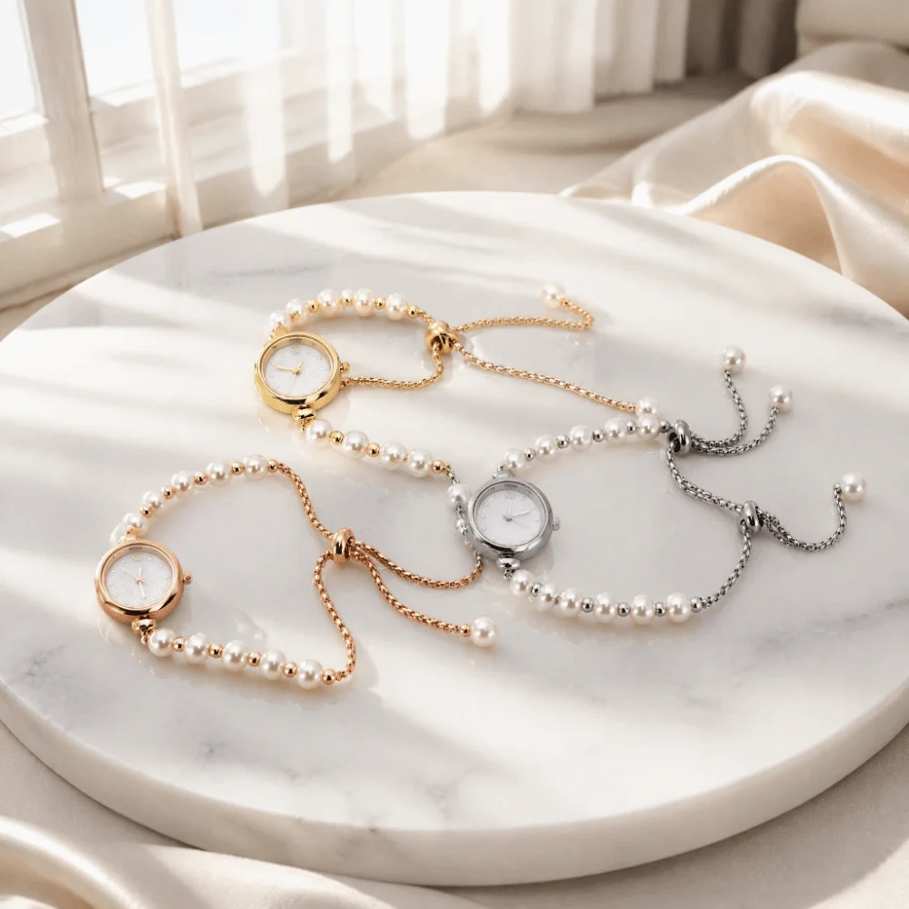 Round Dial Pearl Bracelet Watch Adjustable Drawstring Chain Elegant Women Quartz Watch Roman Numeral Delicate Small Dial Watch