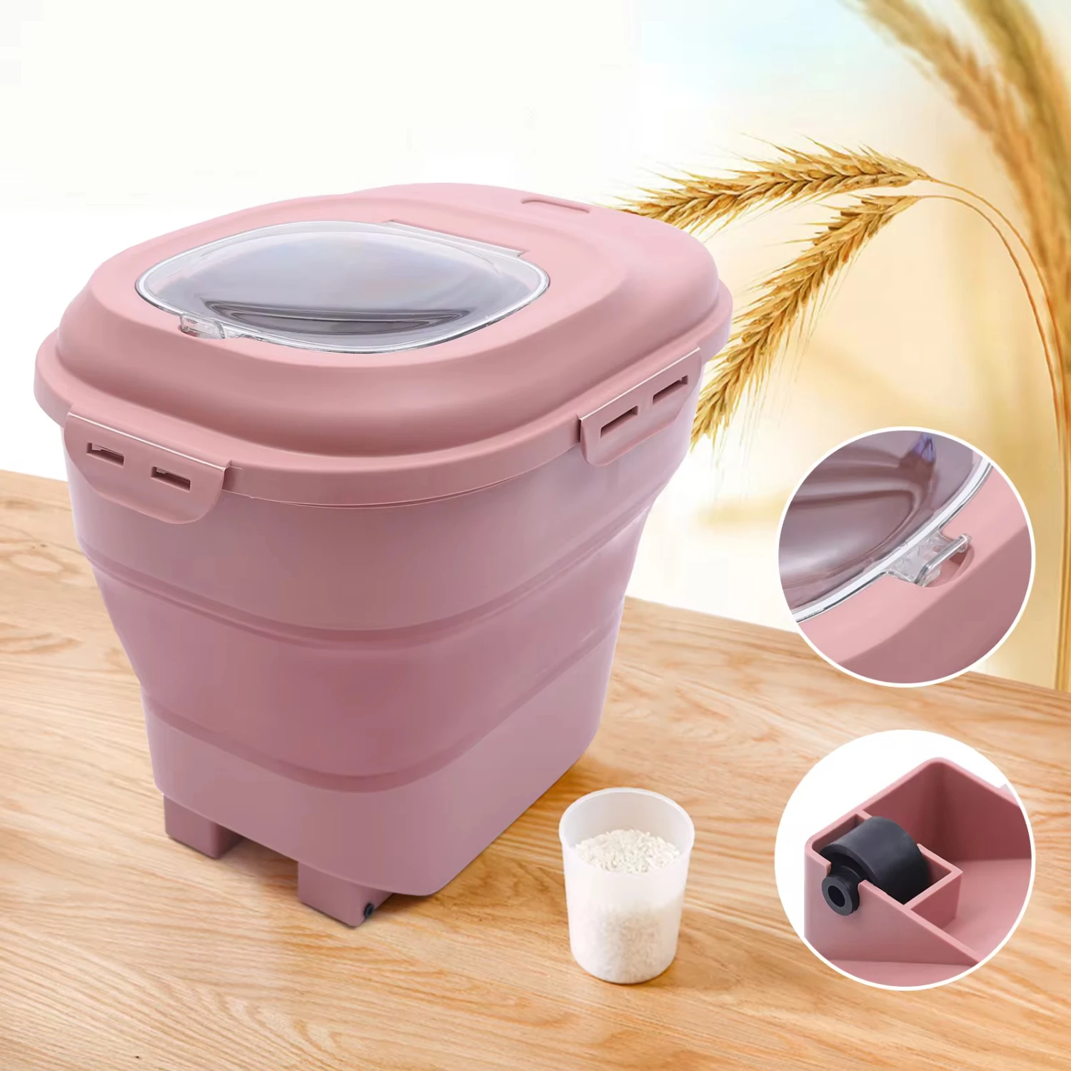 

PP Rice Box Holds 10-25kg Rice Foldable and Moisture-Proof Rice Bucket with Transparent lid Pink Box Kitchen