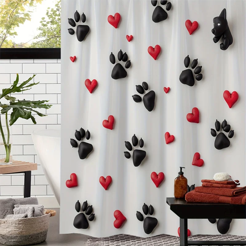 1pc Cute Paw Print & Hearts Design Waterproof Shower Curtain, 72x72 inches with 12 Hooks, Pet Lover Bathroom Decor, Mildew Resis