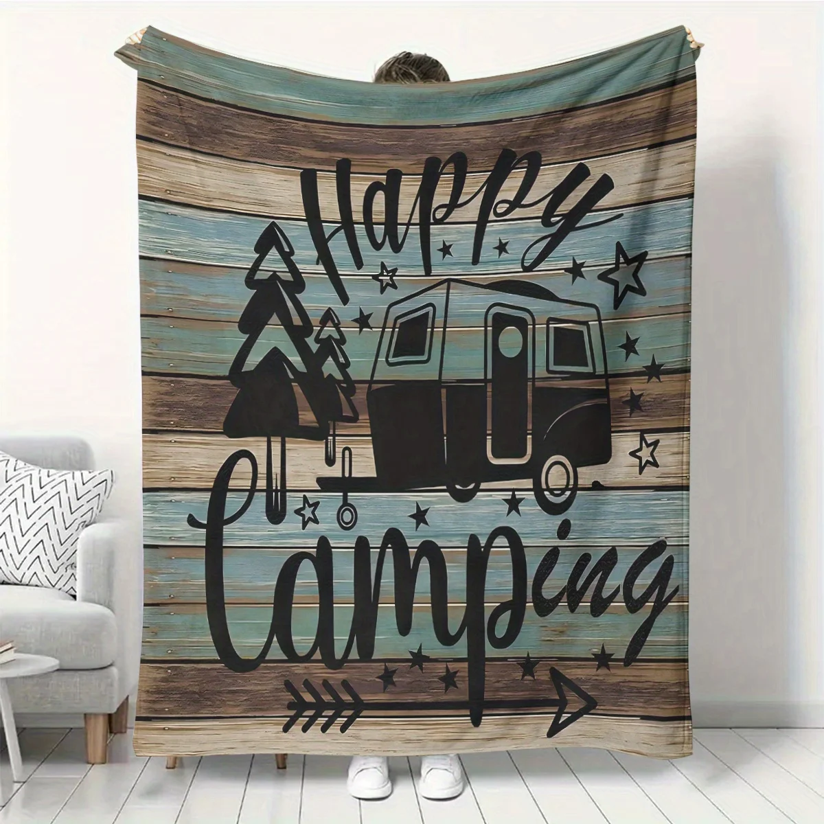 Happy Camping Throw Blanket Boho Decorative Camper RV Theme Throw Cozy Fall Winter Aesthetic Giant Fleece Blanket Decor