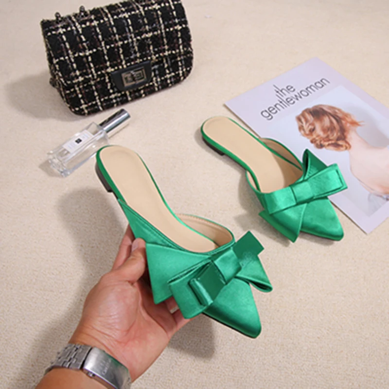 

Silk Pointed Toe Flat Slippers Women's Outer Wear Summer Net Red All-match Fashion Bow Baotou Sandals and Slippers