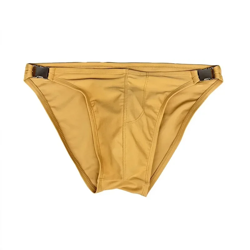 Sexy Swimwear Thongs Men\'s Metal Buckle Bikini Briefs Solid Color Swiming Trunks Breathable Swim Suit Surfing Beach Shorts