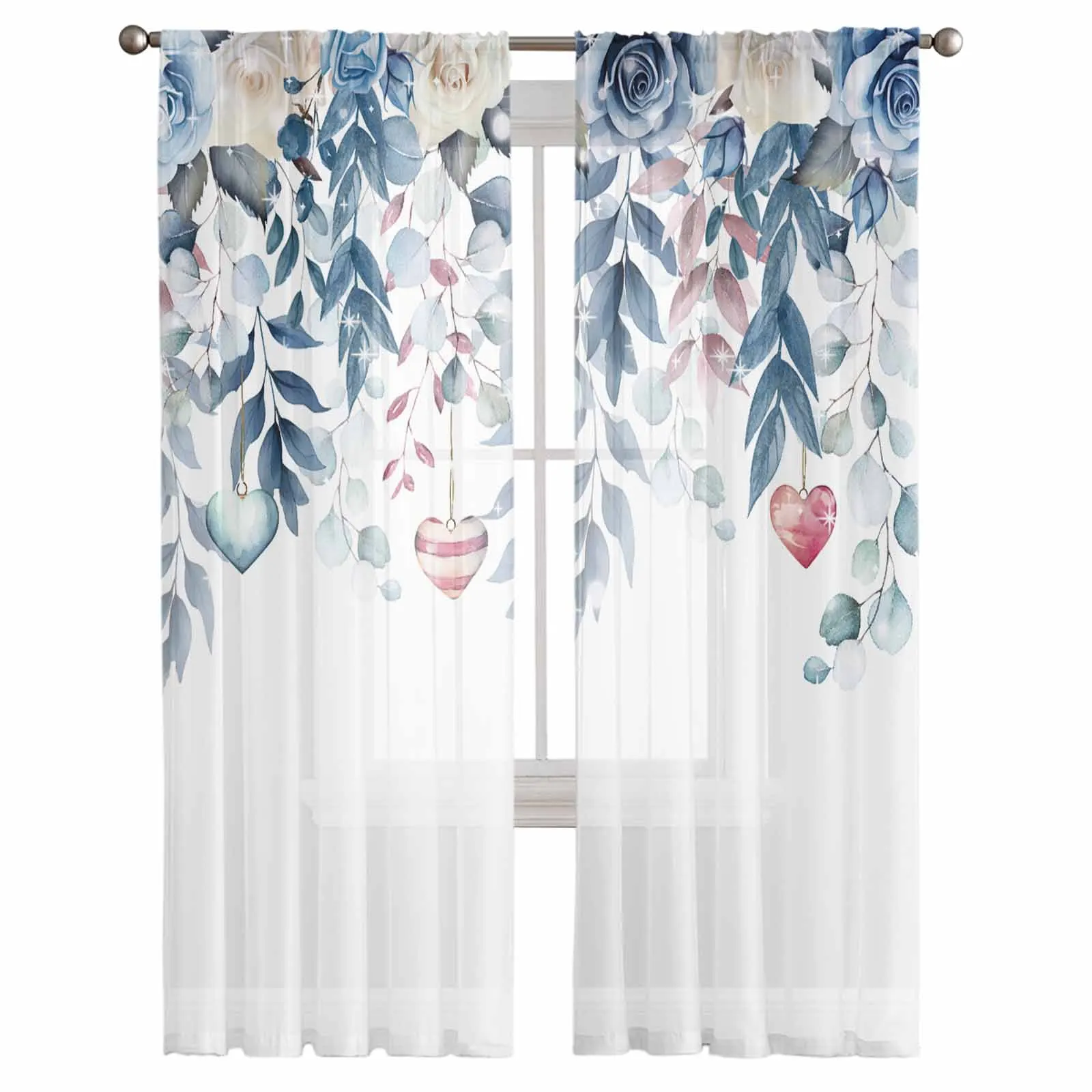 Blue Rose Flower Love Heart Tulle Curtains for Living Room Sheer Curtain for Bedroom Kitchen Blinds Voile Curtains