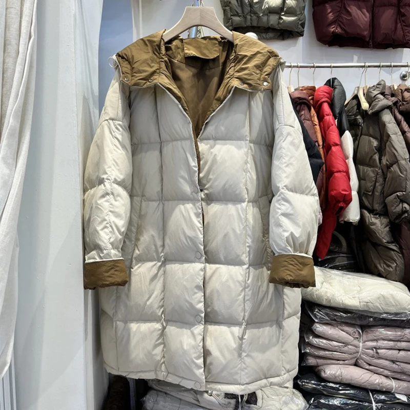 Halflange donsjas met capuchon Winter Vrouwelijke dikke warme patchworkjassen Dames Witte eendendons Parker Outwears met enkele rij knopen