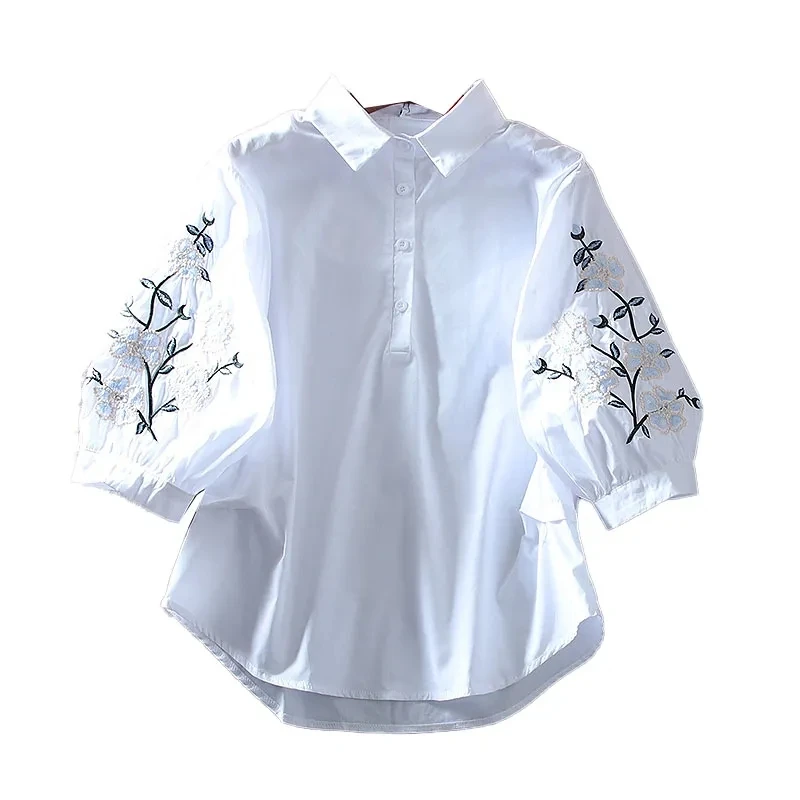 White Shirts Women\'s Spring Summer New Loose Thin Eembroidered Lantern Sleeve White Shirt Female Blouse Sweet Casual Tops Mujer