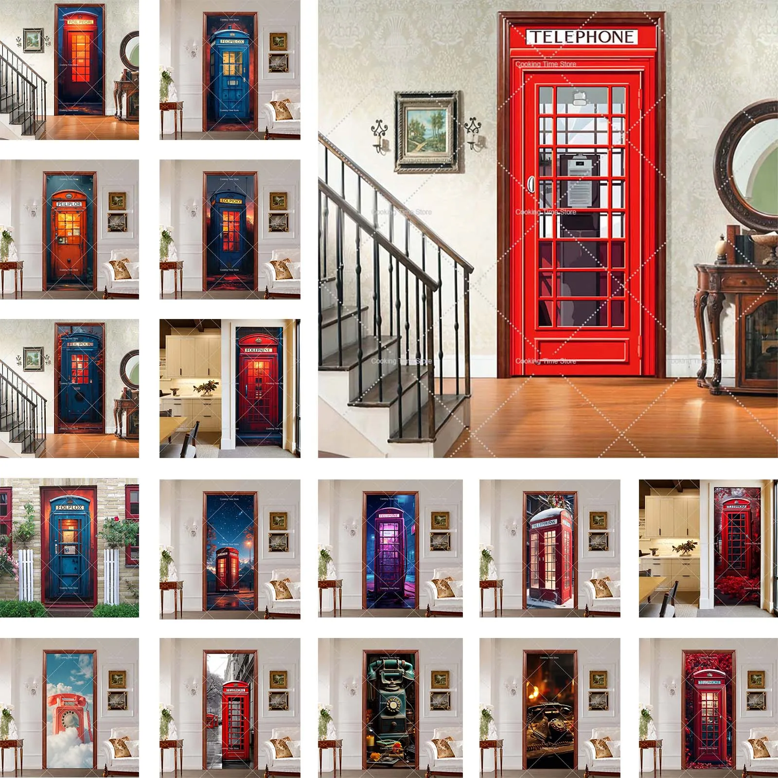 

Red Telephone Booth Self-Adhesive 3D Door Stickers Removable Peel and Stick Door Wallpaper Mural Phone Sticker for Home Decor