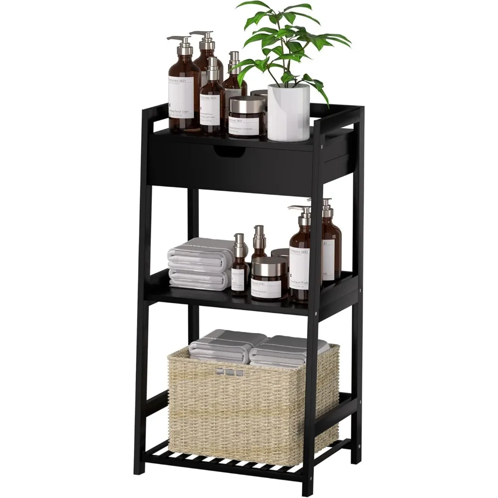 

Bathroom Shelves, 3 Tier Ladder Shelf with Drawers, Bamboo Bookshelf Open Shelving, Nightstand Bookcase End Table Plant Stand fo