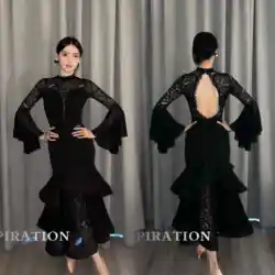 2024 Ballroom Dance Clothes Women Black Lace Tops Fishbone Skirt Long Sleeves Competition Dress Adult Waltz Dance Costume L13955