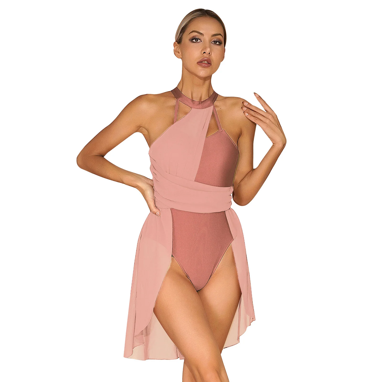 Women Lyrical Ballet Dancewear Chiffon Sleeveless Leotard Dress Ballerina Modern Contemporary Ballroom Stage Performance Costume