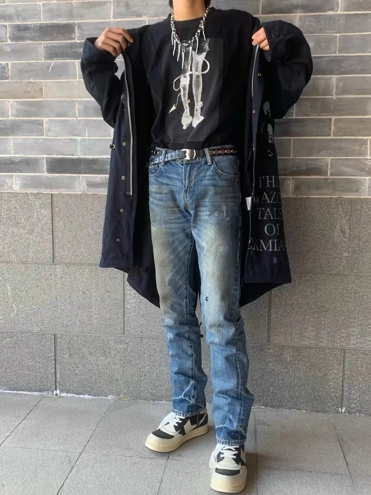 

Burnt Dyeing Waed Embroidery Patch Slim Fit Printed Jeans Uc Sle Archive06ss Youth Casual Cotton Denim mid Waist Zipper