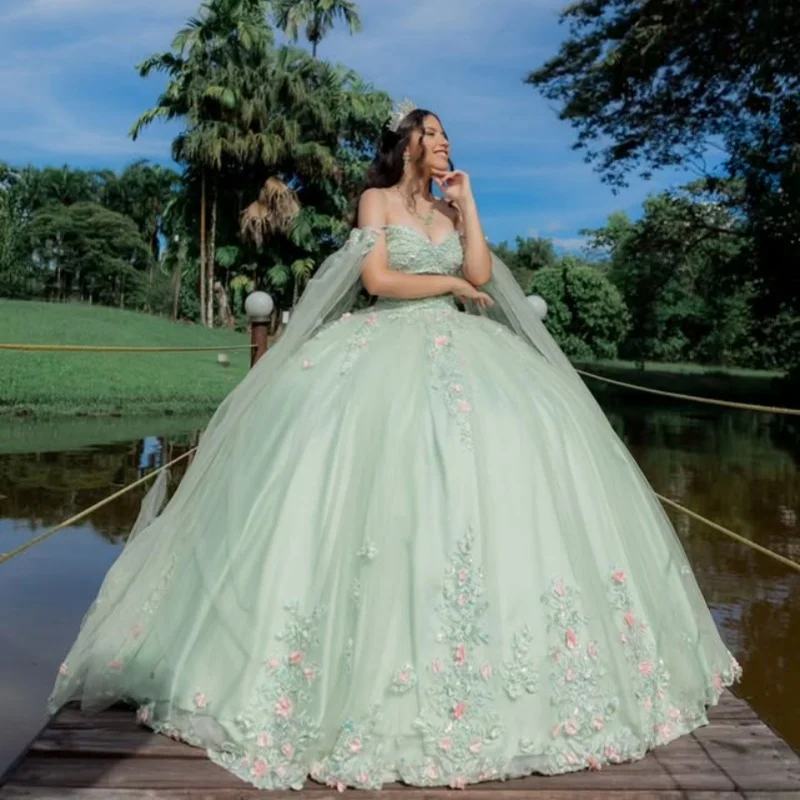 Mint green Quinceanera Dress off-shoulder glitter 3D flower decal Long tail vestidos de 15 Quinceanera ﻿Customize