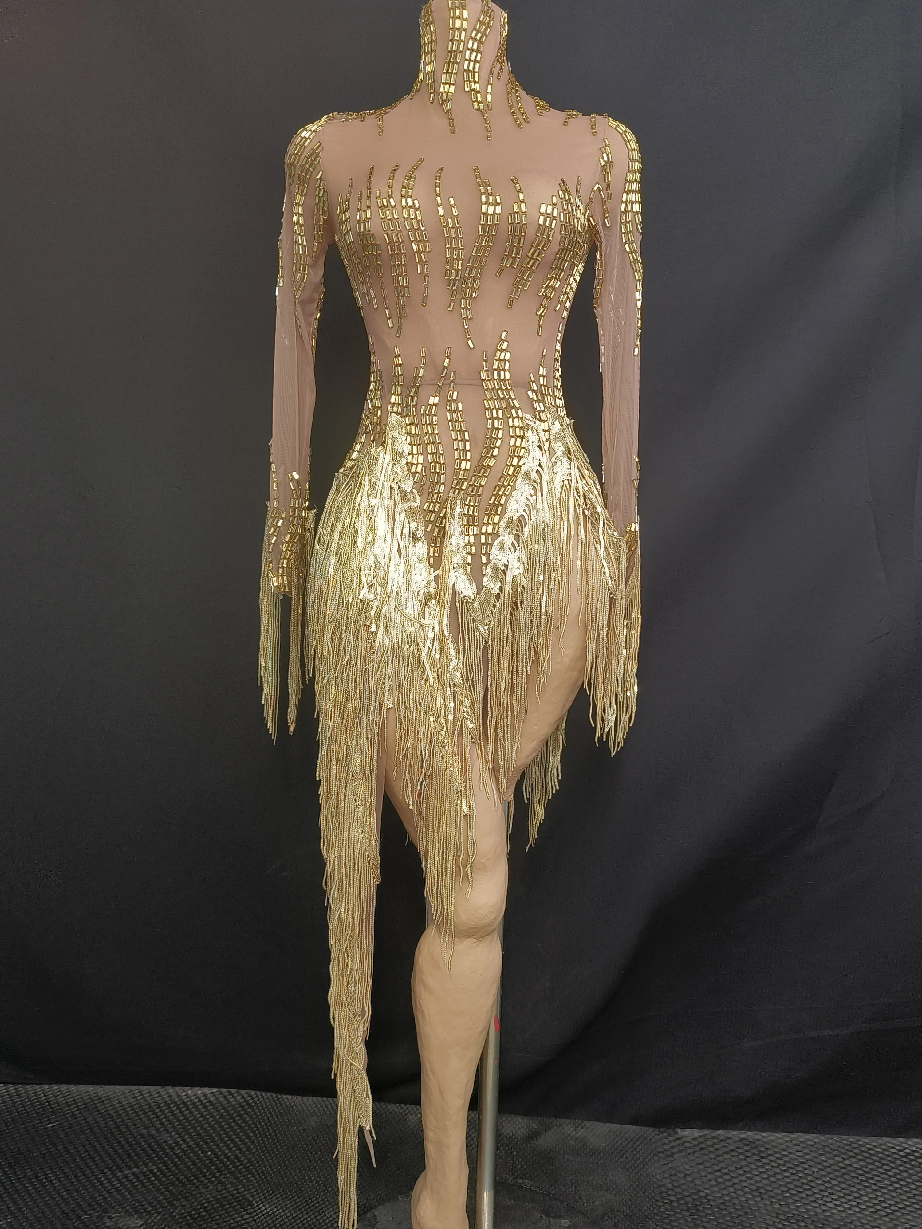 Sparkly Rhinestone Golden Sequins Tassel Sexy Transparent Dress Women Evening Birthday Party Nightclub Dance Singer Stage Outfit