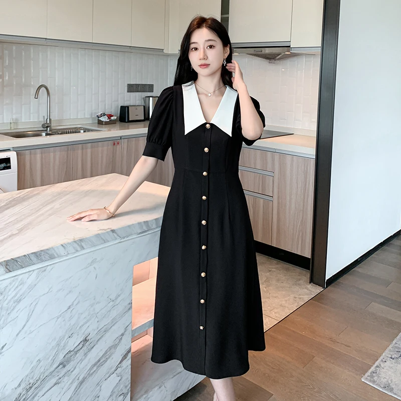 

Summer Women's A-Line Dr Waist-Cinching Doll Collar plus Size Long Dr Trendy High Waist Polyester Fiber V-ne Midi Dr