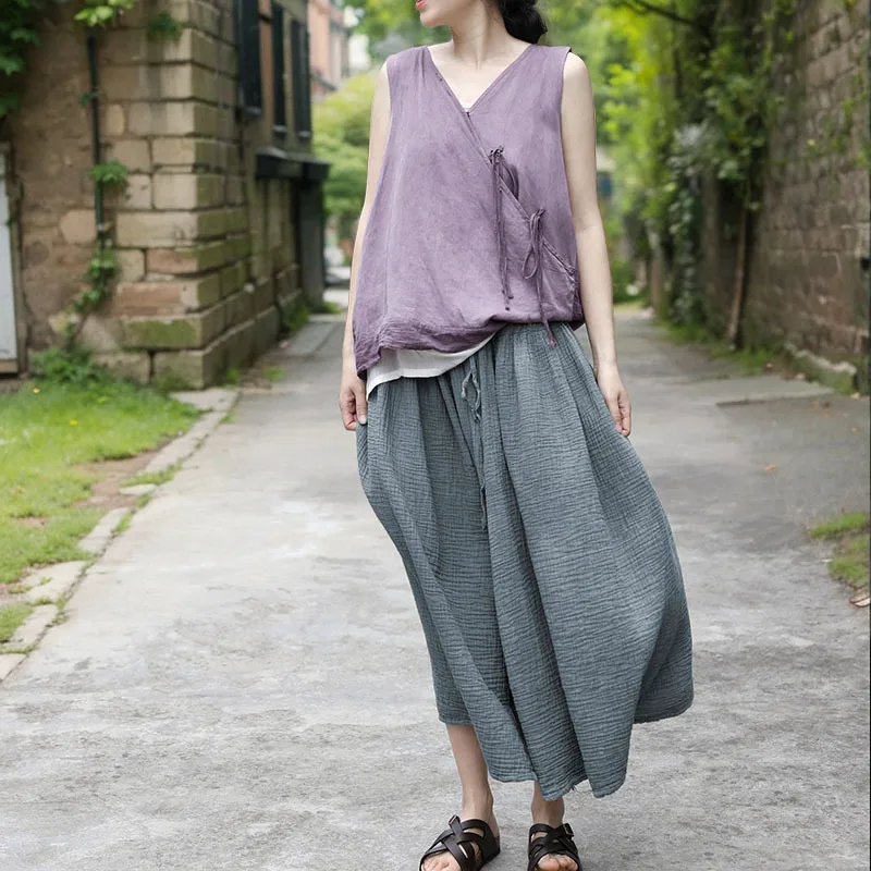 

Cotton Linen Spring and Summer New Women's Harajuku Elastic Soft High-waist Mid-length Skirt Loose A-line Pleated Faldas Largas