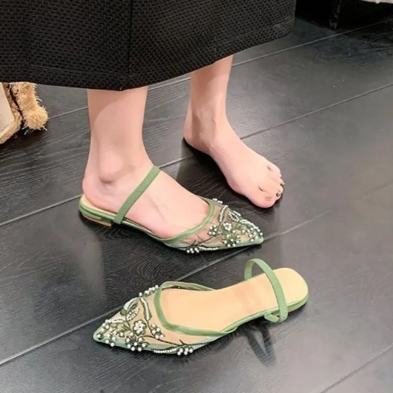 2026 Summer New Product Pointed Toe Shallow Mouth Women's Mesh Low-heeled slippers