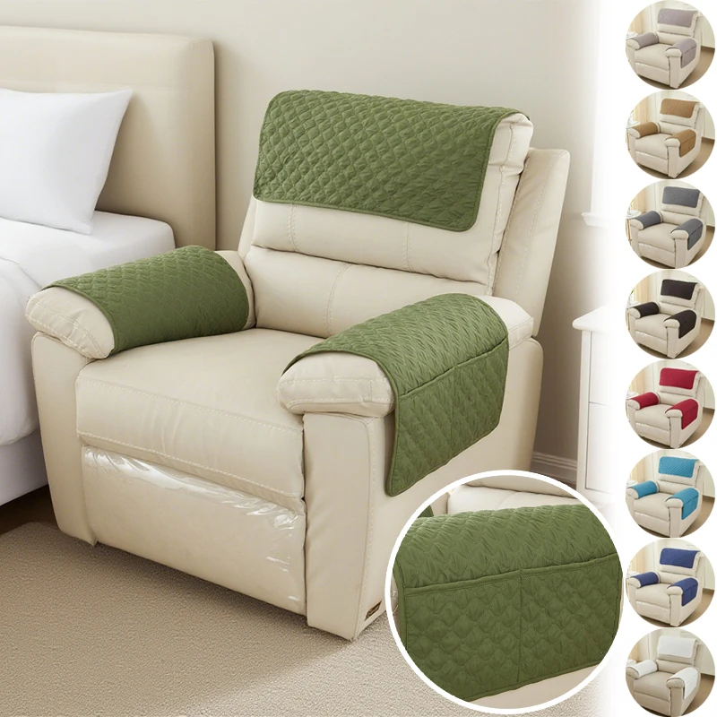 

Sofa Armrest Headrest Cover Set 3PCS Quilted Fleece with Storage Pockets Stretch Fit Protector Waterproof Arm Couch Protector