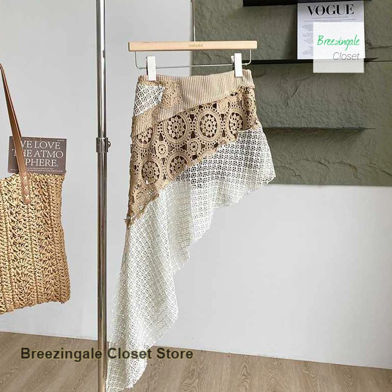 

Summer new retro niche design irregular skirt French fashion hollow belt safety pants knitted casual half body short skirt