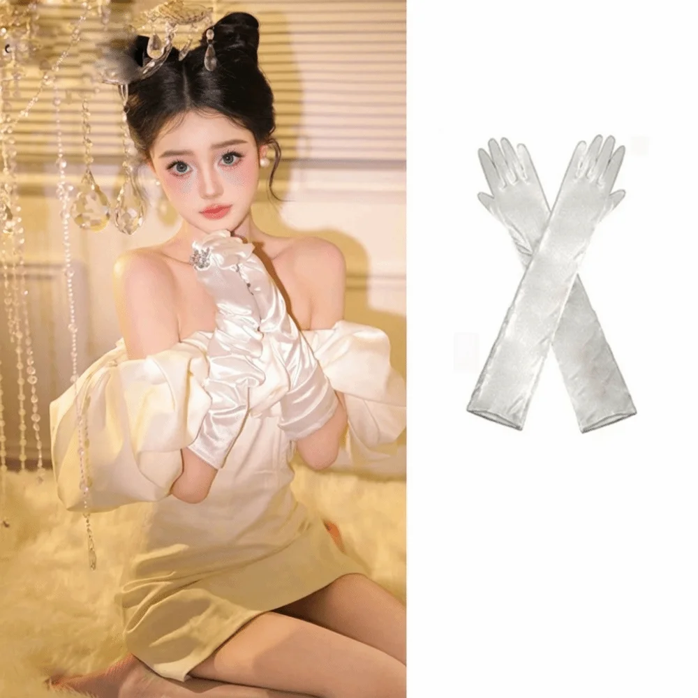 Temperament White Satin Long Gloves Lace Vintage Wedding Bridal Gloves Sweet Elastic Long Finger Mittens Banquet