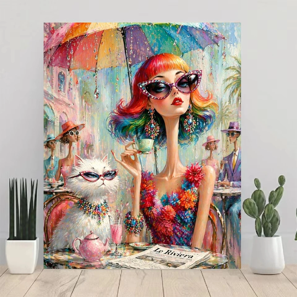 Stylish Rainbow Hair Lady and Cat Cafe Diamond Painting By Number Relaxing Hobby Wall Decor for Game Room or Living Room Gift