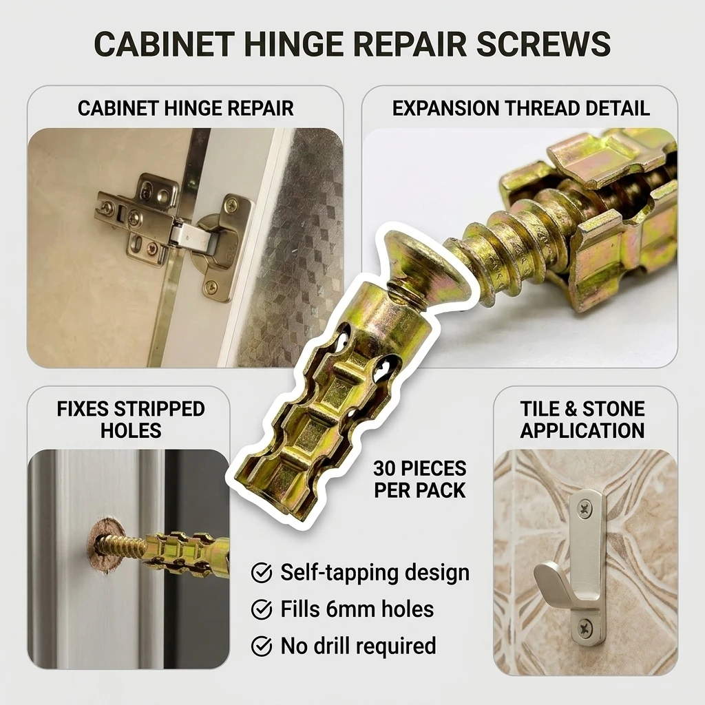Self Tapping Hinge Repair Screws Heavy Duty for Cabinet Door Fix 30pcs Carbon Steel Expansion Threaded Inserts Zinc Plated