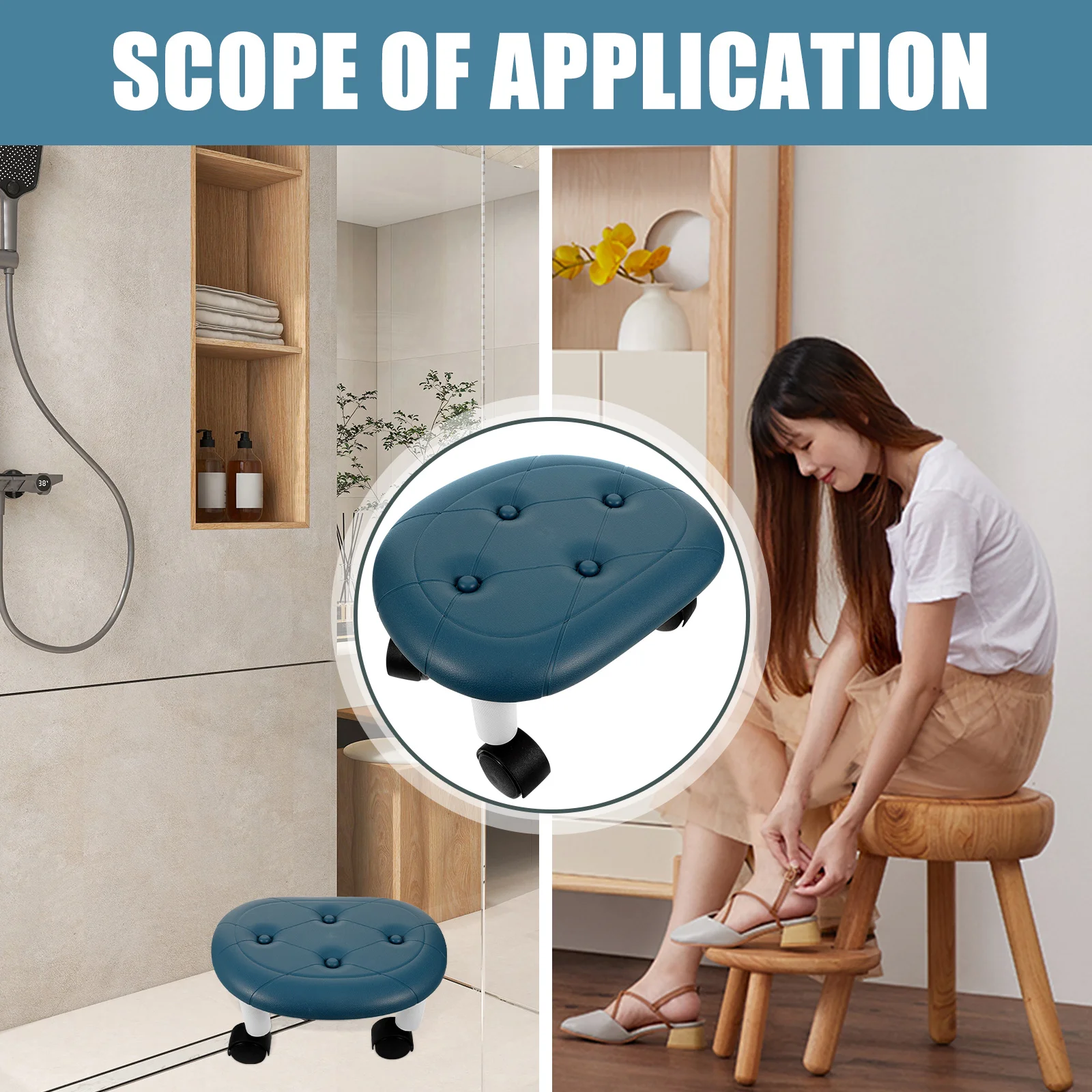 

Low Stool with Wheels Blue Color Round Step Small Foot Rest for Bathroom Desk Kids Plastic Portable Rolling Stool Home Use
