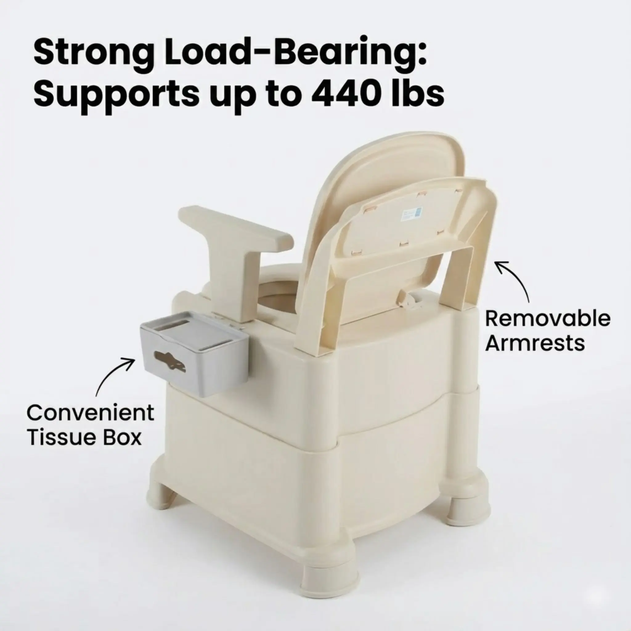 كرسي مرحاض محمول للعناية المنزلية بجانب السرير مع مقعد وسادة من البولي يوريثان وغطاء مانع للتسرب للرائحة