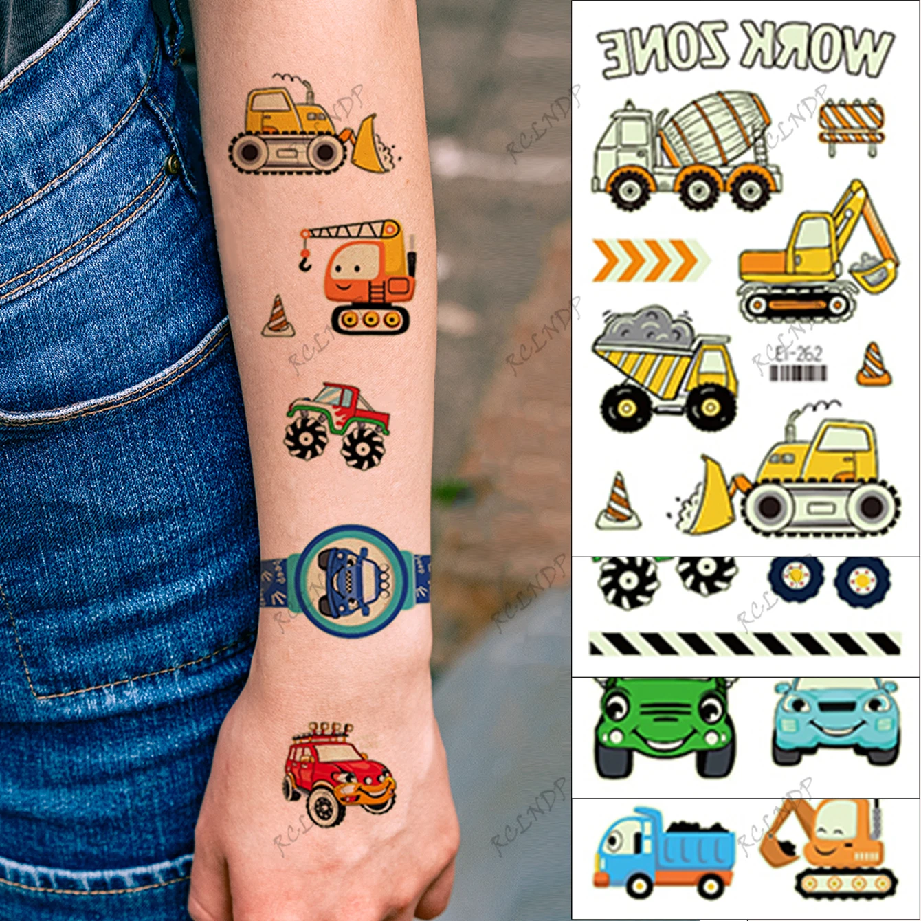 Waterproof Temporary Tattoo Sticker Cartoon car excavator forklift glows at night Fake Tatto Flash Tatoo Tato for Girl Women Men