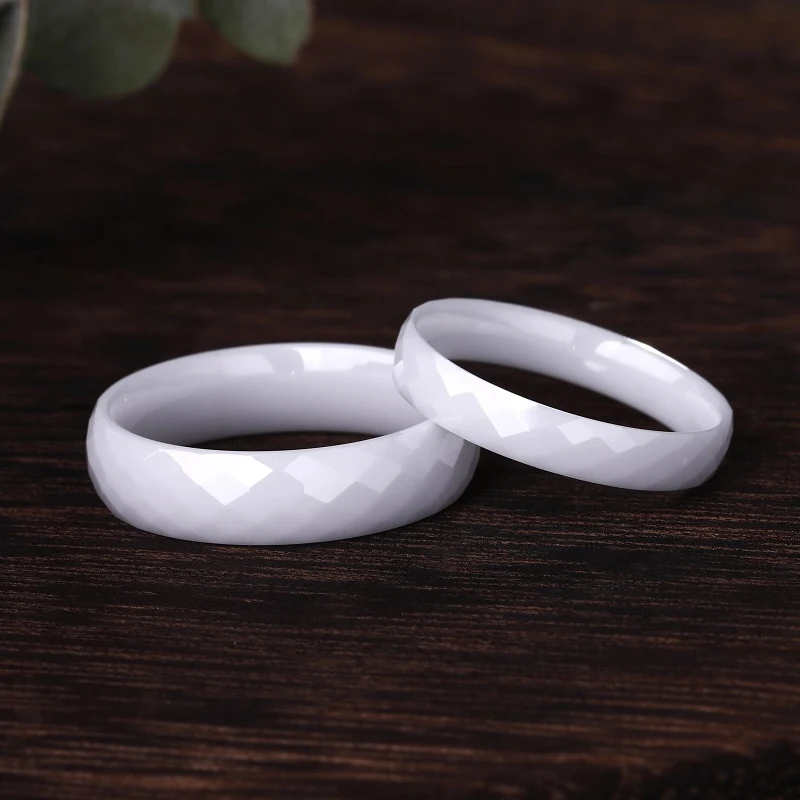 Kolmnsta White Ceramic Rings for Women 4/6mm Diamond Cut Black Men Woman Ring Unique Design  Wedding Band Shiny Anti-Allergy