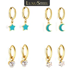 LUXUSTEEL Stainless Steel Hoop Earrings With Stars Moon Heart For Women Korean Oil Drip Colorful Cute Hanging Earring Jewellery