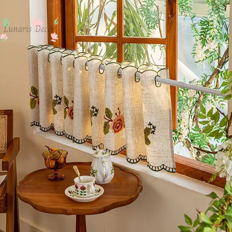 Three-dimensional rose embroidered coffee curtain, half curtain, short curtain, free of punching, finished product, kitchen bay