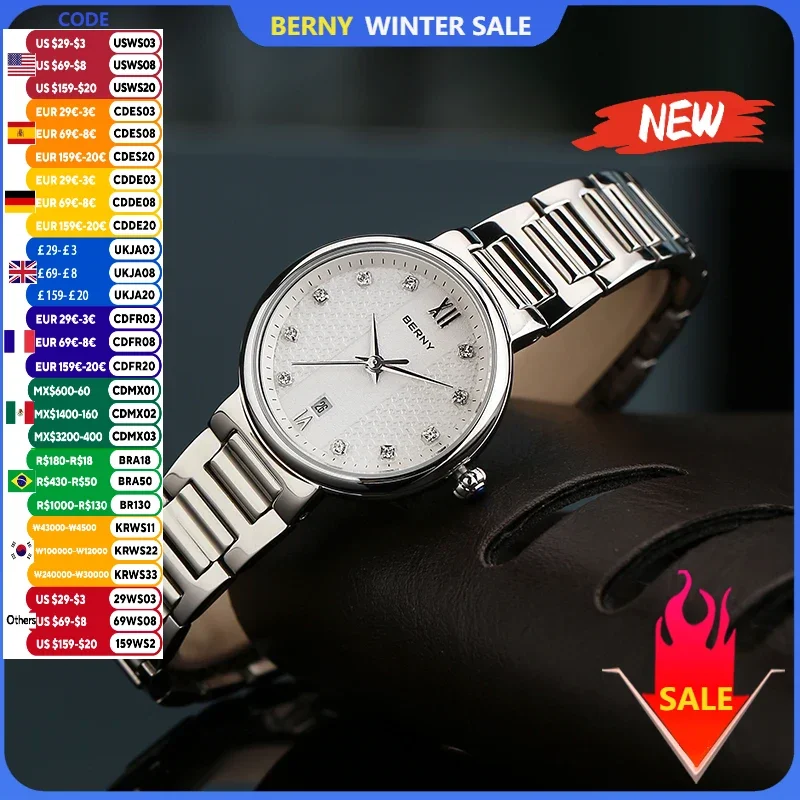 

BERNY Watch for Women Japan Quartz Movement Ladies Fashion Diamond Wristwatch Sapphire Glass Calendar Feminino Reloj Waterpoof