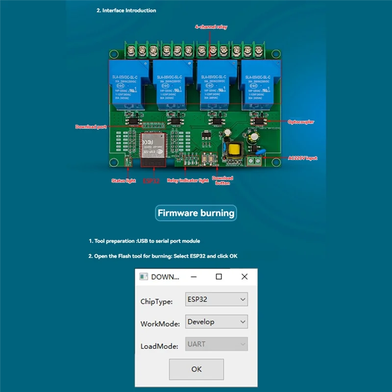M16K-ESP32 Development Board WIFI& Bluetooth Enabled 4-Channel Relay Module 5V/30A AC220V Output