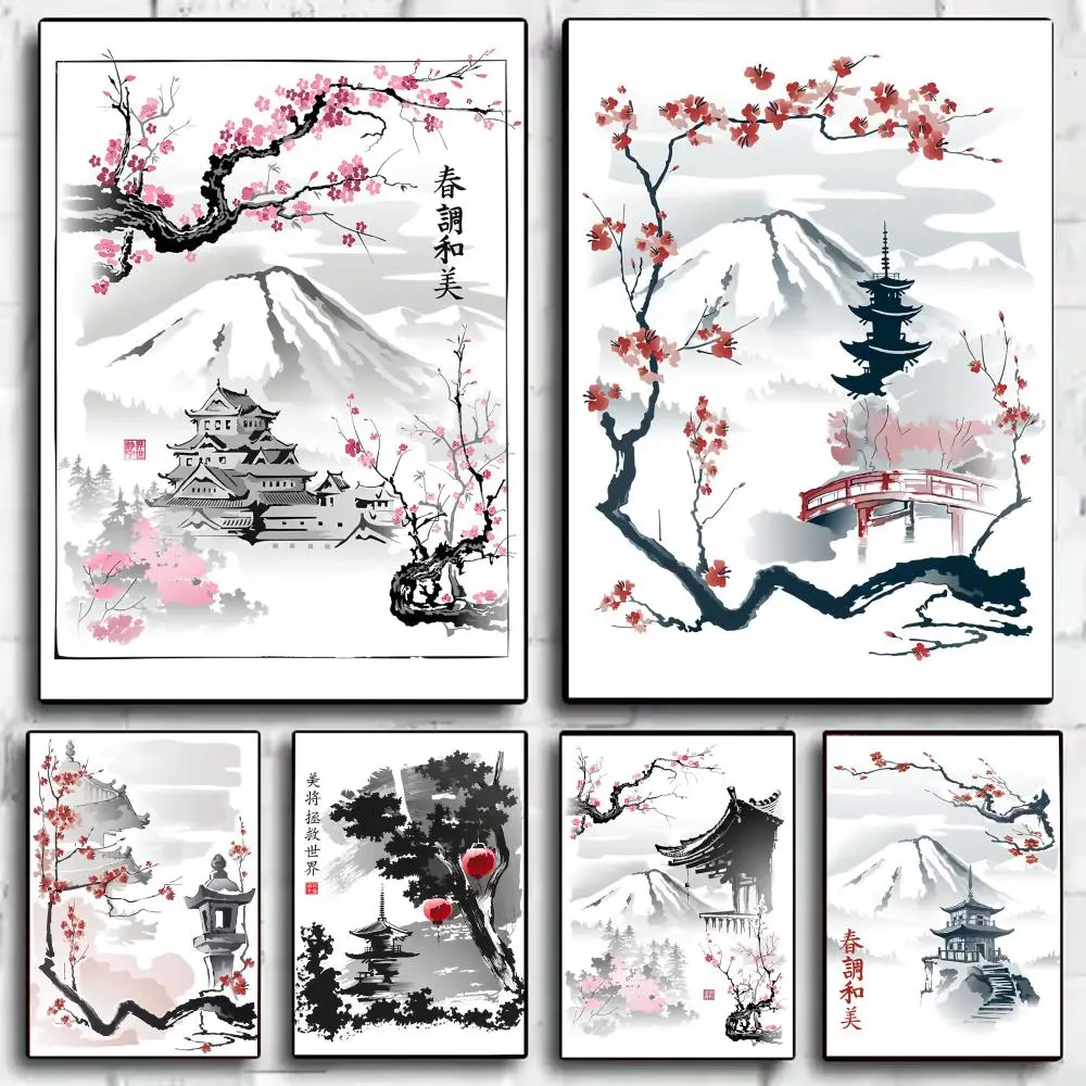 

Poster HD Art Sticky Wall Waterproof Home Living Room Bedroom Bar Aesthetic Decoration Japanese Pagoda Landscape