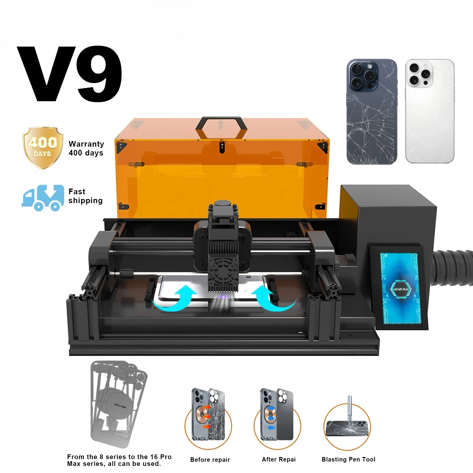 Fifth generation V9 10W Machine for 8-17 Series Back Glass&Camera Lens Repair,w/Housing Phone Repair Set,Air Filter