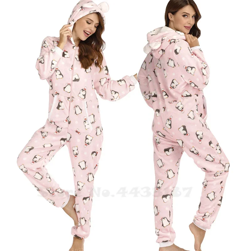 Christmas Animal Print Jumpsuit Pajamas Lounge Wear Autumn Winter Flannel Female Onesies Sleepwear Coral Fleece Hooded Home Wear