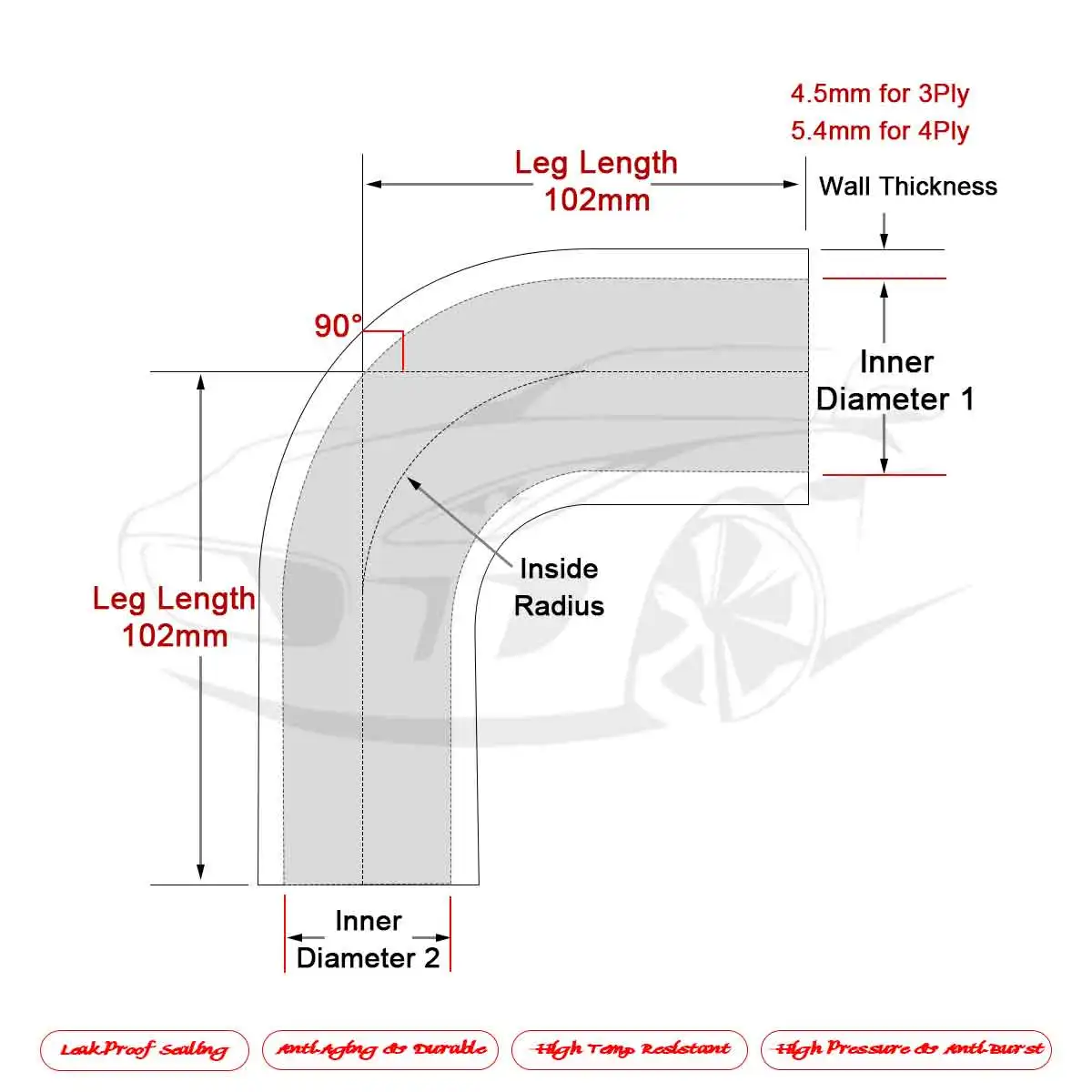 

3Ply Black 102mm Length 90 Degree Reduce Elbow Silicone Coolant Intercooler Hose ID 16 19 32 51 57 60 64 76 83 89mm