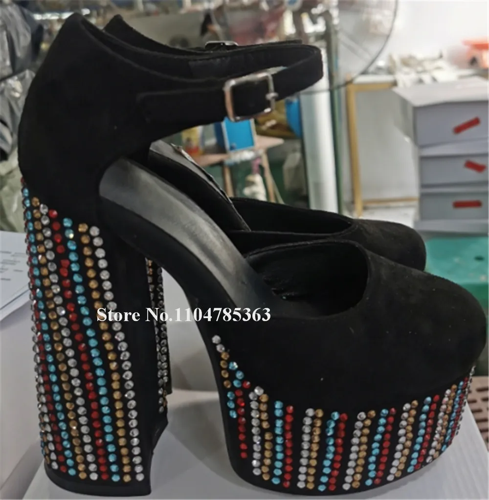 Bling Bling Colorfur Rhinestones Chunky Heel Pumps Round Toe Pink Black Crystals High Platform Thick Heel Shoes Big Size