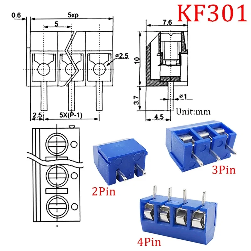 50/20/10Pcs KF301 2P 3P 4Pin Pitch 5.0mm PCB Terminal Block Connector Straight Pin Spliceable Screw Terminal Blue