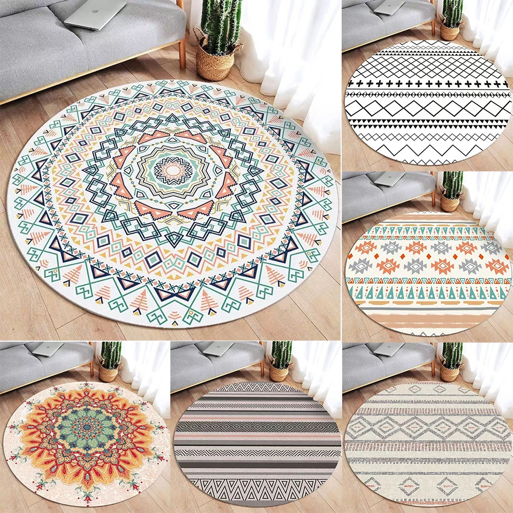 Round Bohemian Vintage Geometric Floral Pattern Carpet Soft Non Slip Rug For Living Room Bedroom Yoga Area Home Decor