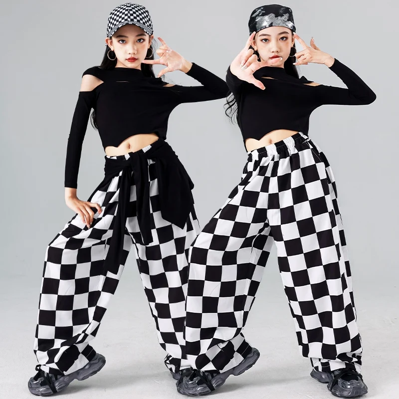 Children Street Dance Outfit Kids Black And White Jazz Dance Clothing Kpop Fashion Girls Clothes Streetwear Loose Pants AMY1253