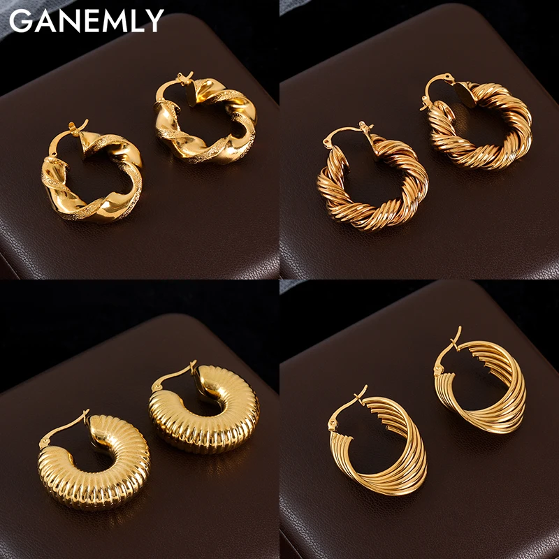 GANEMLY 316L Stainless Steel Gold Color Geometric Hoop Earrings For Women Girl Fashion New Trendy Waterproof Jewelry Gift Party