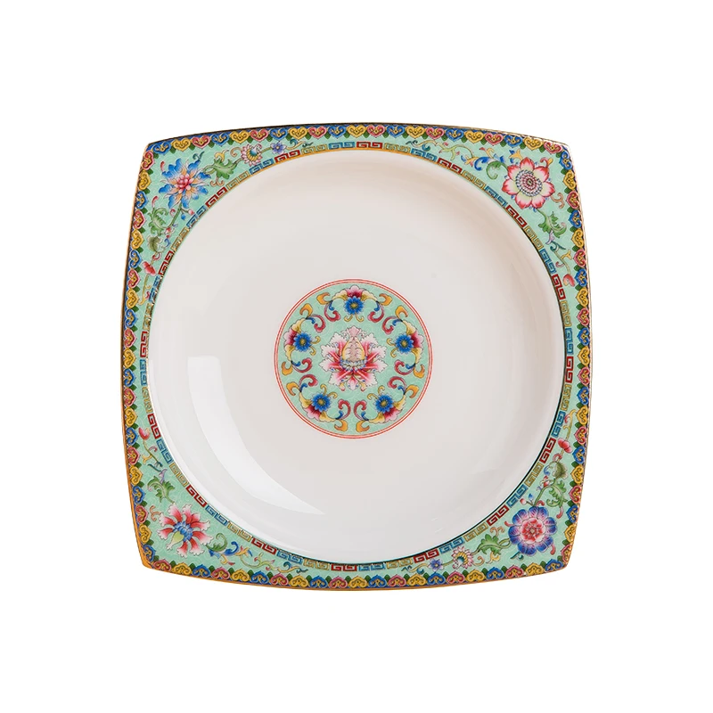 

Enamel Color Dish Deep Plates Tianyuan Square Plate Dish Household Single Chinese Court Jingdezhen Bone China Ceramic Tableware