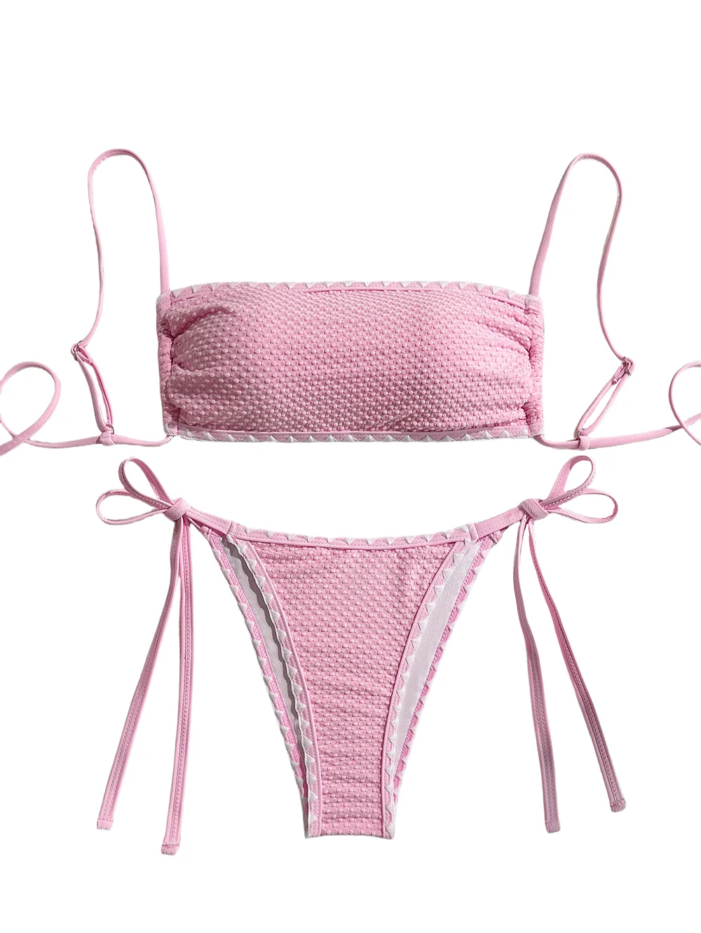 Damen-Bikini-Set, rosa, seitlich gebunden, modisch, Bandeau, zweiteiliger Badeanzug, verstellbare Träger, sexy Bikini, Strandbadebekleidung, Sommer, solide