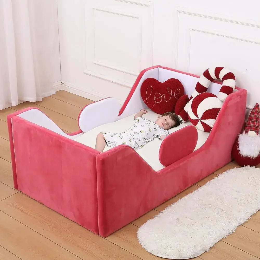 Extra-Wide Toddler Bed with Certified Fabric, Safe and Stylish, Suitable for Kids, Mixed White/Red
