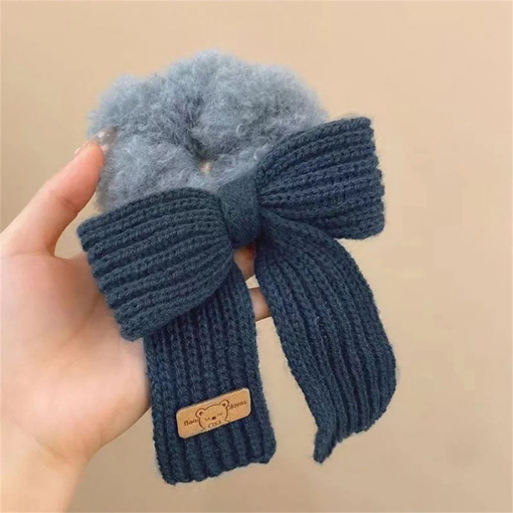 Autumn Winter Bowknot Knitted Hair Bands For Women Girls Solid Color Plush Ponytail Hair Tie Headwear Scrunchies Hair Accessory