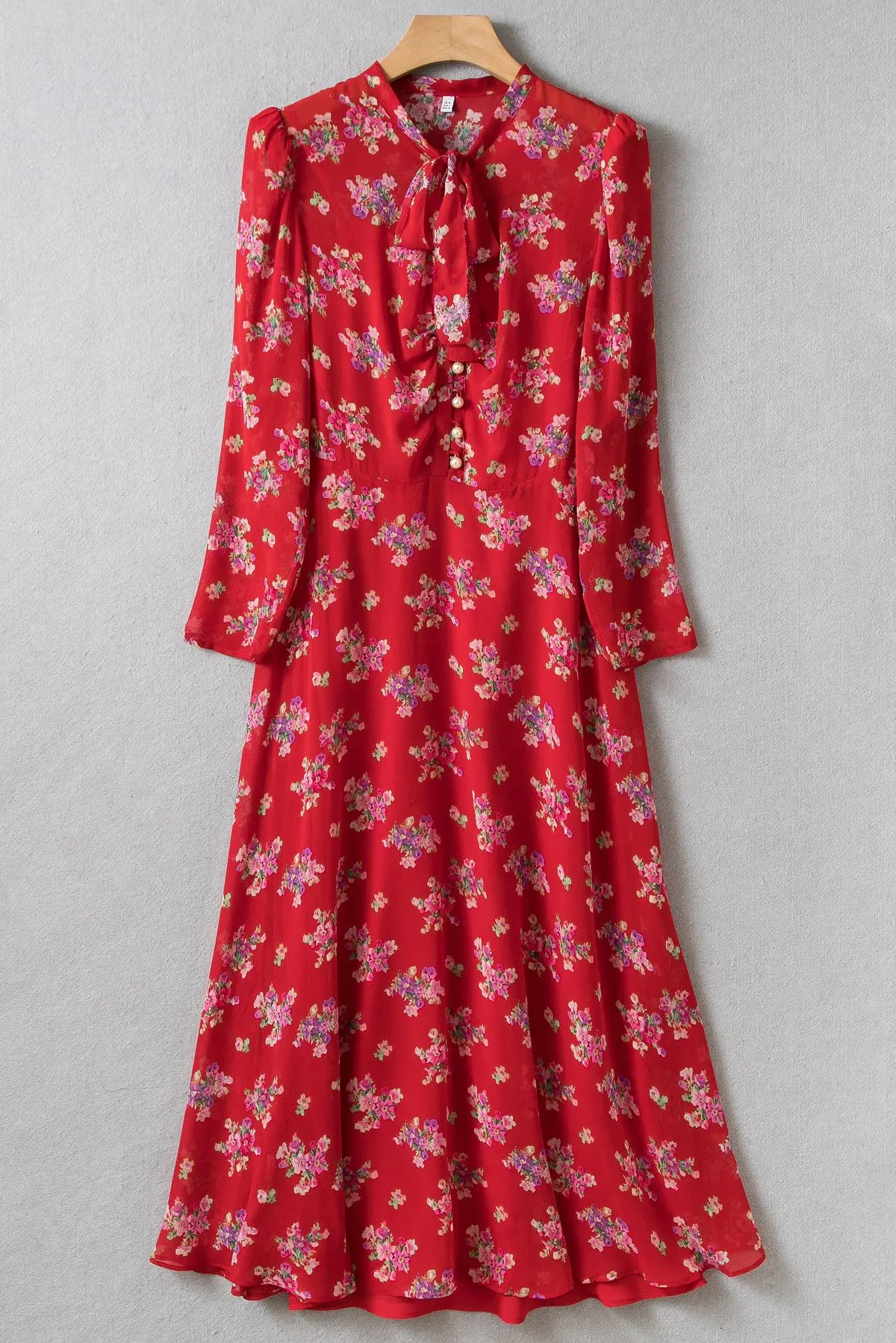 Ribbons Pearl Buttons Floral Printed Silk Sleeves Midi Dress UK 8-UK16