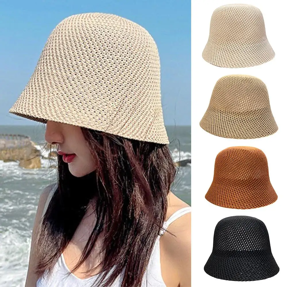 

Foldable Fishierman Cap Outdoor Item Sunscreen Woven Decor Beach Cap Thin Knitting Bucket Hat Wide Brim Hollow Out Sun Hat
