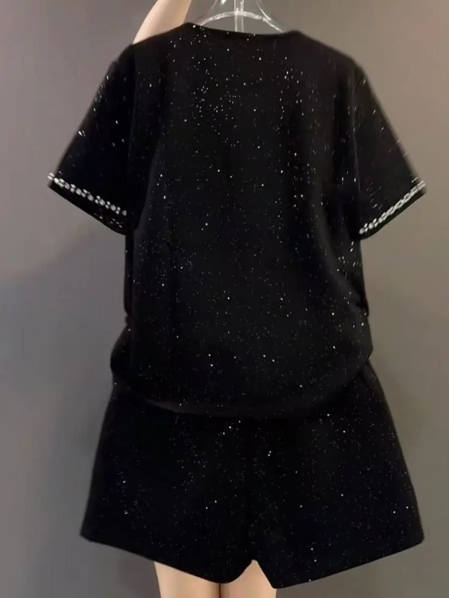 Fashionable Beaded Short Sleeve T-Shirt Shorts Set Women's Summer New Loose Casual Two-Piece Polyester Fiber round Neck Top